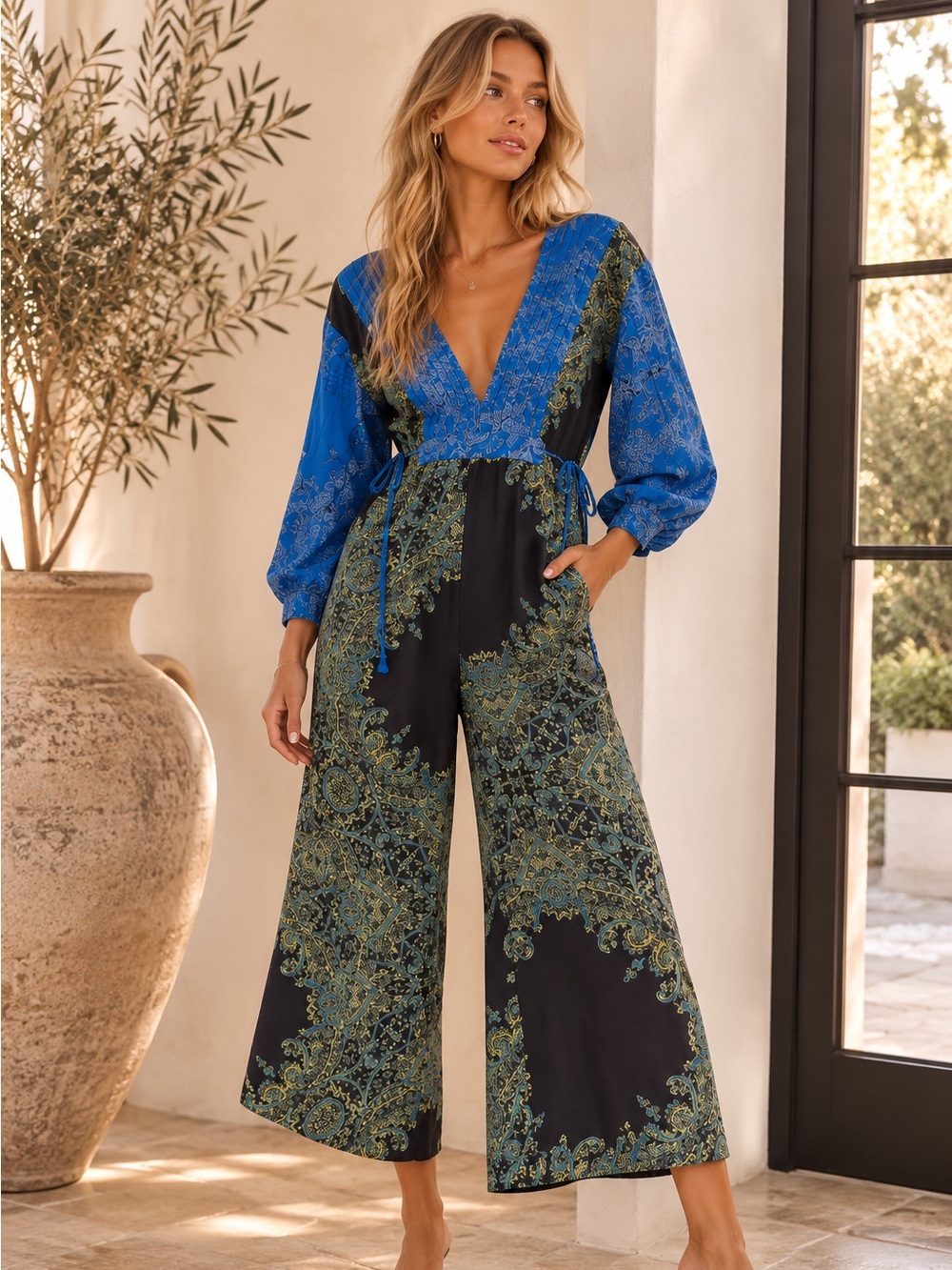 Free People Blooming Fields Blue and Green Paisley V-Neck Jumpsuit